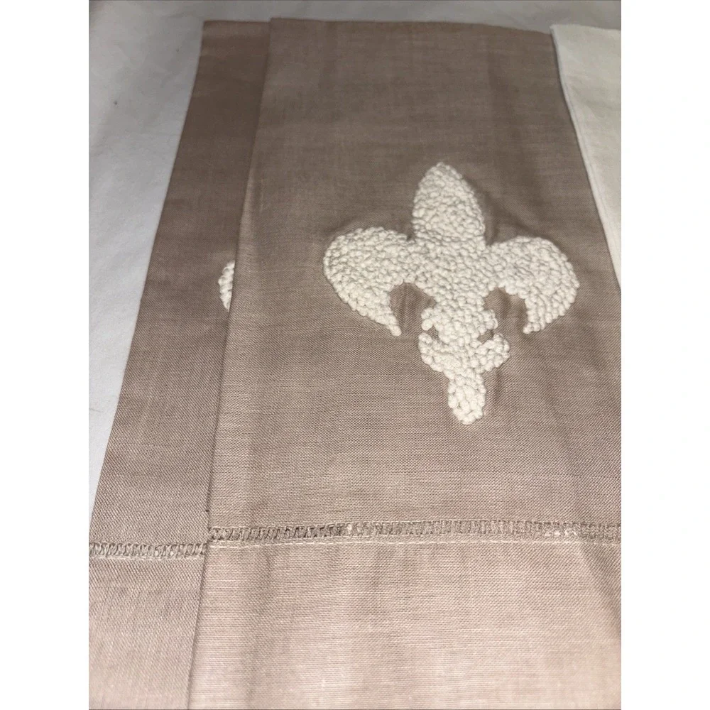 Vintage Linen‎ Powder Guest Towels White W/Brown  Embroidery Fleur de Lis Set 4